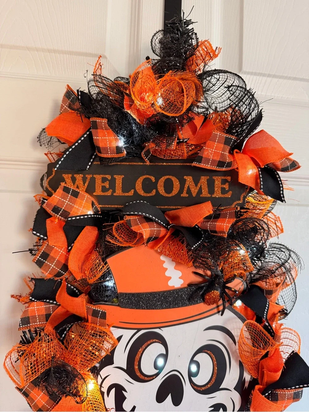 Handcrafted Lighted Halloween Skeleton Witch Door Swag Wreath 18x24 orange black